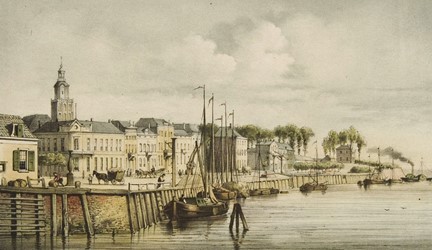 <p>Ook op deze afbeelding van kort voor 1870 is te zien dat de bebouwing op het zuidelijk deel van de IJsselkade als eerste tot stand kwam (Gelders Archief). </p>
